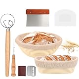 Gärkorb Set, Brot Gärkörbchen aus Peddigrohr zum Brot backen, Gärkörbchen Rund & Oval 2er Set, Gärkorb Brot mit Teigschaber Silikon & Edelstahl, Bäckermesser mit 5 Rasierklinge